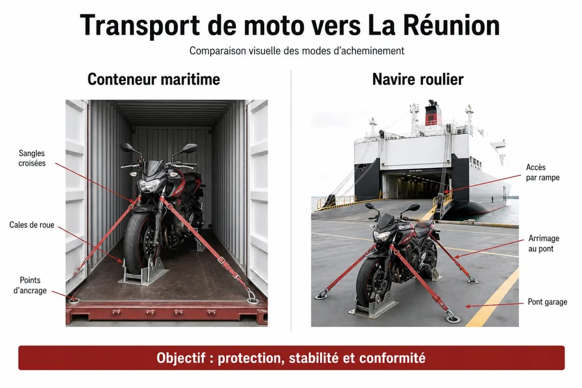 Transporter sa moto lors d'un déménagement vers La Réunion : comparaison visuelle entre conteneur maritime et navire roulier