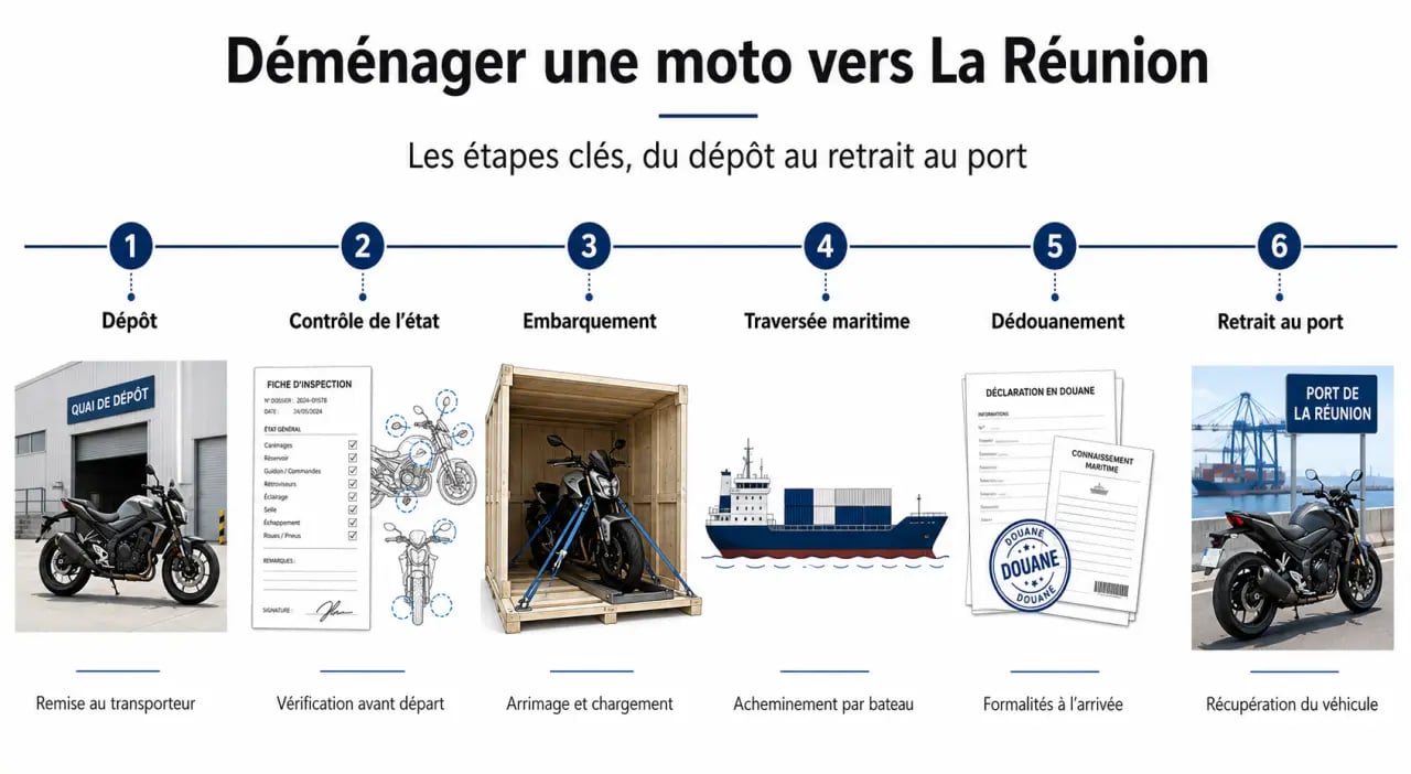 Transporter sa moto lors d'un déménagement vers La Réunion : chronologie du dépôt au retrait à l'arrivée